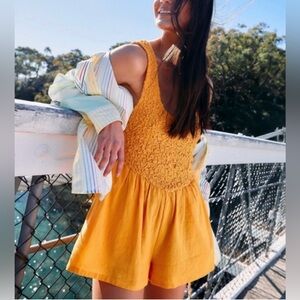 NWT Free People Juliette Romper, Size XS, Orange, Smocked, Cotton